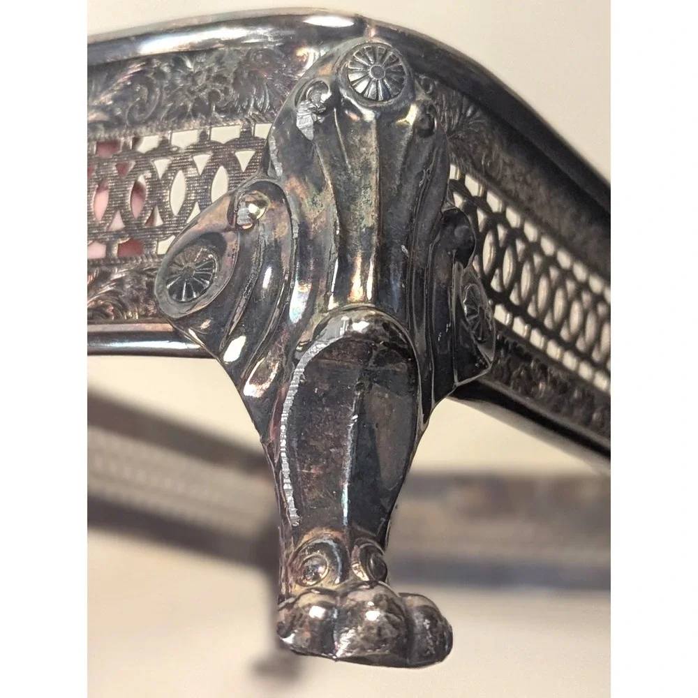 MCM Vtg Silver Plate Rectangular Gallery Tray Stand Pierced Reticulated Paw Feet